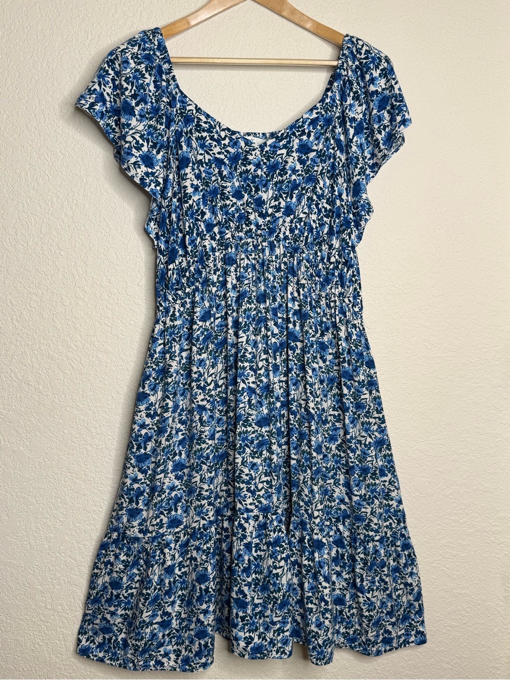Blue Floral Ruffle Sleeve Tiered Midi Smocked Dress Plus 1X Cottagecore Coastal